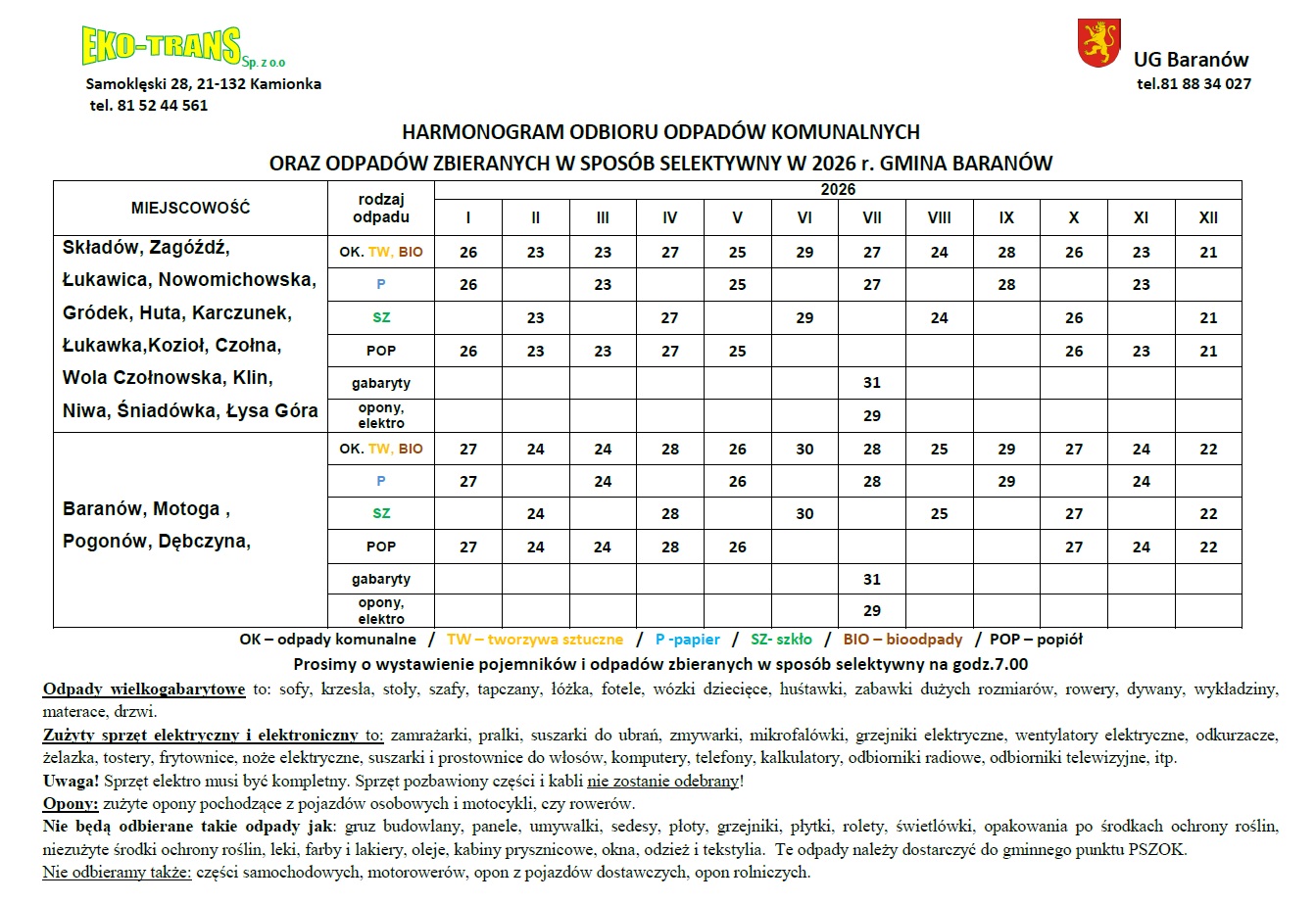 Harmonogram odpadów komunalnych