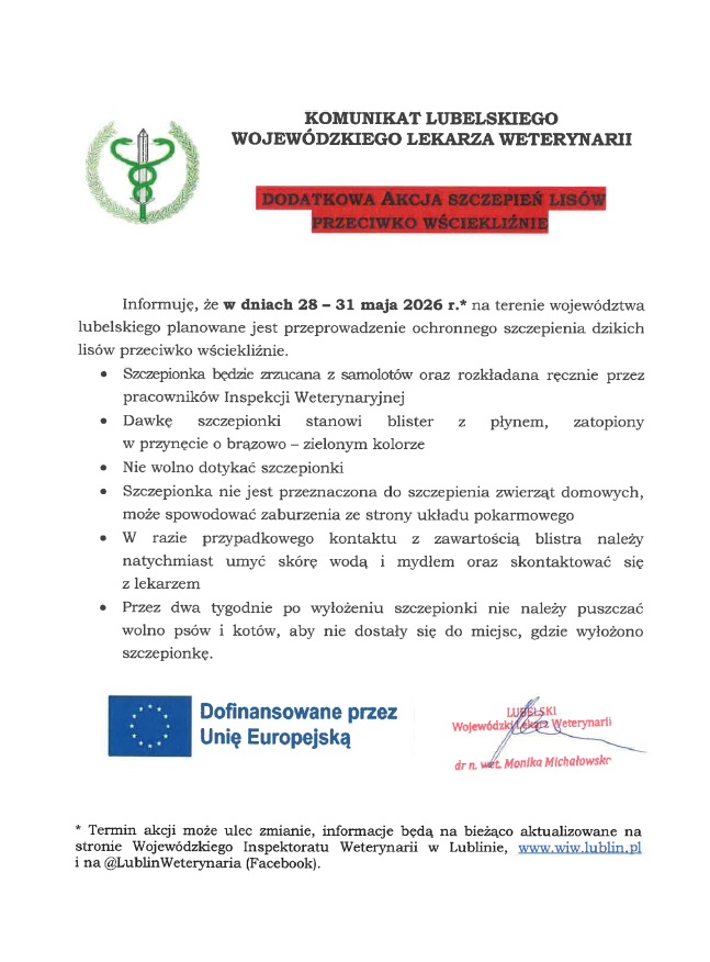 Komunikat LWLW dodatkowa akcja szczepienia lisów 28 31 maja 2026
